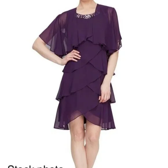 SLNY Fashion Dresses Slny Burgundy Tiered Capelet Chiffon